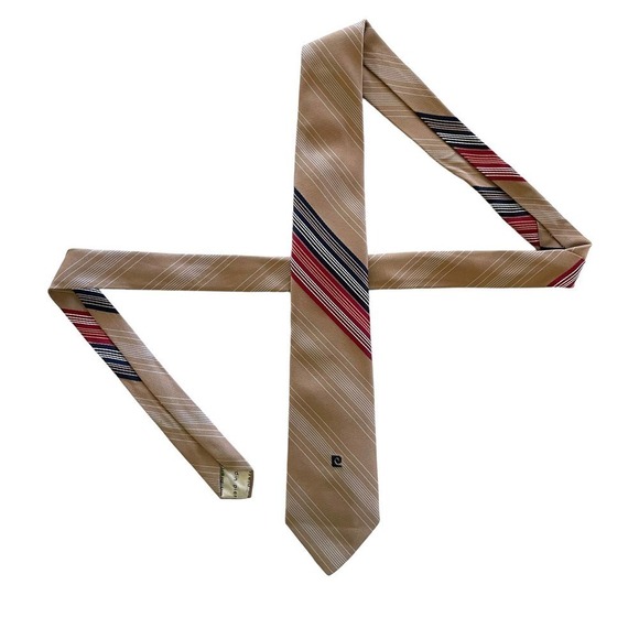 Vintage Pierre Cardin Embroidered Logo Striped Tan Polyester Tie - Picture 2 of 8